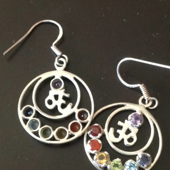 Sterling Rainbow Ohm Chakra Dangle Earrings Yoga - Picture 3 of 4